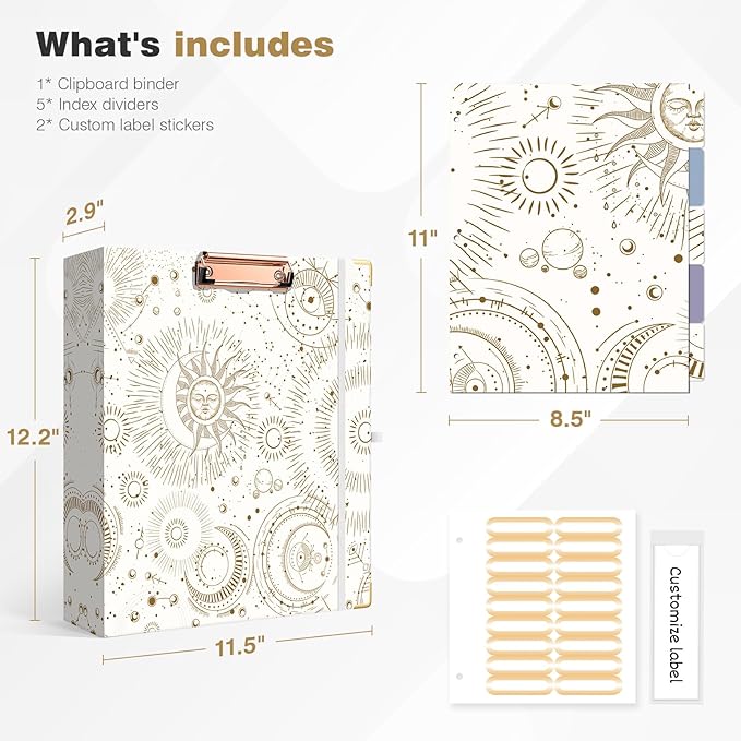 Ospelelf 3 Ring Binder, 2 Inch Letter Size (11" x 8.5") with 5 Tab Dividers, File Folder Labels and Low Profile Clipboards, Tarot Cards Binder for School and Office Supplies