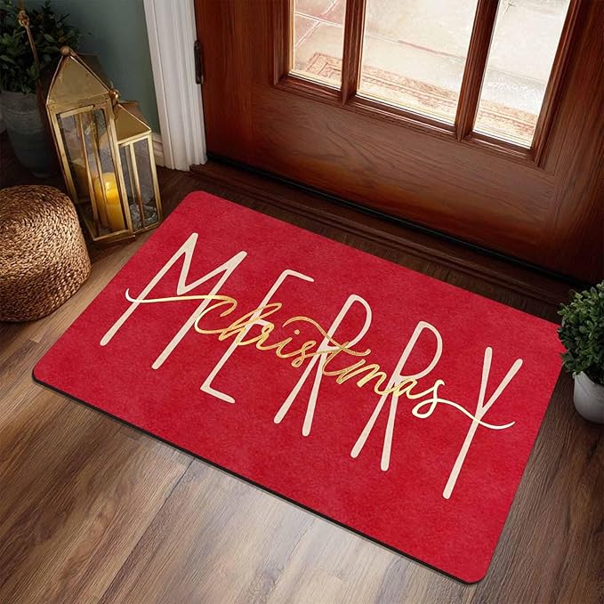 Christmas Door Mat Entrance Front Porch Rugs Red Gold Merry Christmas Doormat Non-Slip Rug Welcome Mat for Entrance Indoor Home Bathroom Floor Decoration, 16" x 24" Inch