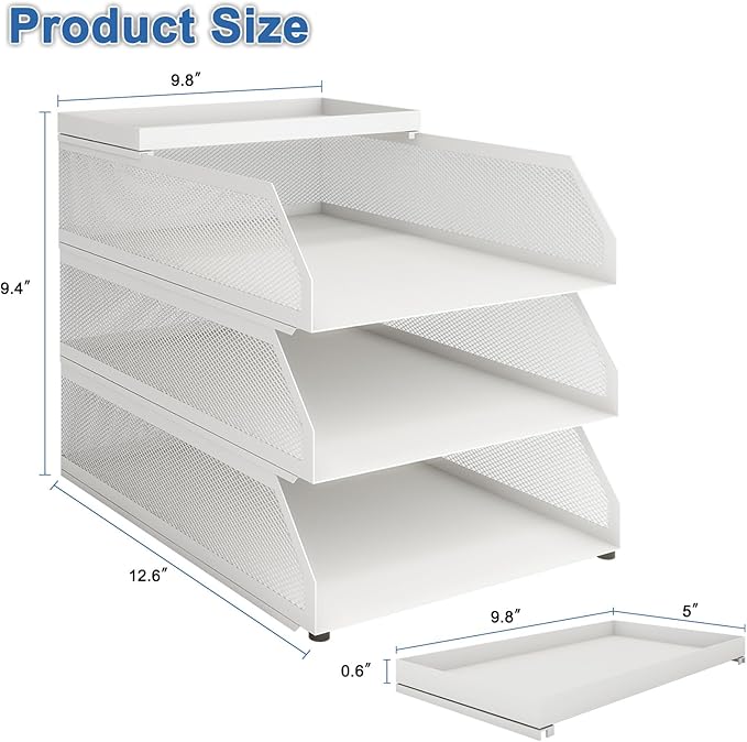 Natwind 3-Tier Stackable Paper Tray, Metal Mesh Desktop Organizer, Paper Sorter, Letter Trays,File Document Storage Rack for for Home, Office, School (White)
