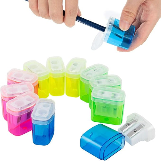 KIDMEN 12 PCS 2 Holes Small Manual Pencil Sharpener with Lid,for Kids,School