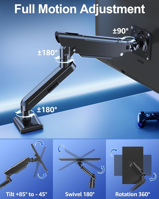 Single Monitor Mount for 32 27 24 22 inch Screen, Gas Spring Arm Holds 4.4-22 lbs, Monitor Desk Mount, Gaming & Home Office Use, VESA 75x75mm & 100x100mm, Freelift Pro Black