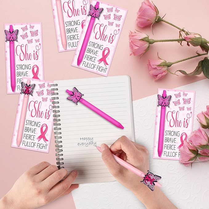 24Set Breast Cancer Awareness Pens with Encouragement Cards Cancer Ballpoint Pen with Inspirational Words Retractable Ink Point Pens for Women Nurses Day Public Event