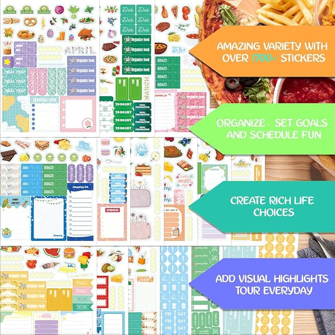 1700+ Planner Stickers Book, 24 Sheets Waterproof Repositionable Stickers for Journal, Bullet Planner, Scrapbook & Calendar, Functional Decorative Sticker Set & Gift (Dietary Arrangements)