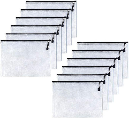 Oaimyy-B4(11.5"x 15",12 Pcs),Plastic Mesh Zipper Pouch Document Folders Bag & Zipper-Waterproof Zip File Folders for School Office Supplies, Travel,Puzzles Games Organizing Storage-Black