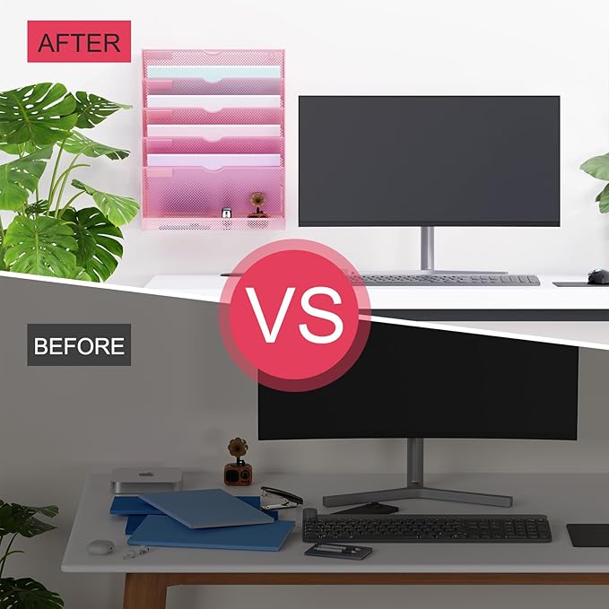 Hanging Wall File Organizer 6 Tier Wall Mounted Mail Paper Folder Holder Document Organization Stand, Vertical Desk Magazine Rack for Office Home Cubicle Countertop, Pink