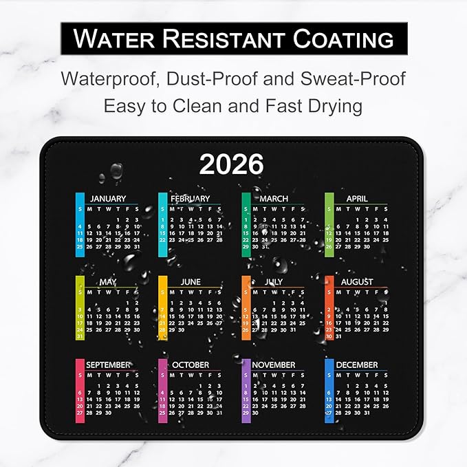 2026 Calendar Mouse Pad, Square New Year 2026 Mousepad 10.2 x 8.3 Inch, Stitched Edge Anti-Slip Waterproof Rubber Computer Mat for Office, Gaming, Laptop, New Year Office Supplies Gift, Black