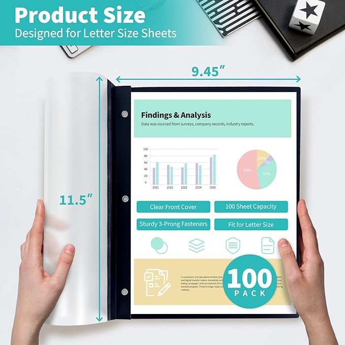 Binditek 100 Pack Clear Front Report Covers with 3 Prongs, 100-Sheet Capacity, Heavy-Duty Plastic Report Folder with Black Back Covers, 3 Metal Prongs Fasteners, for Letter Size, Office Supplies