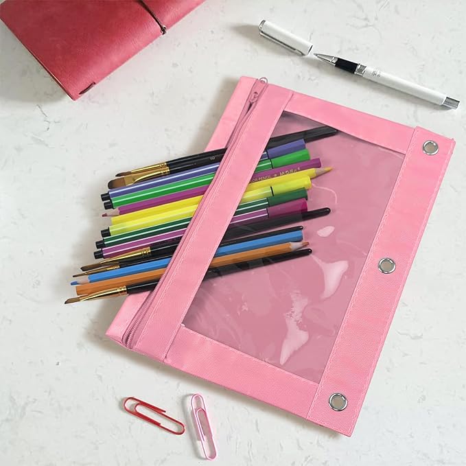 YoeeJob Pencil Pouch for 3 Ring Binder, Zipper Binder Pencil Pouches Bulk, Pencil Case with Clear Window for Class, Office, Pale Pink, 24 Packs