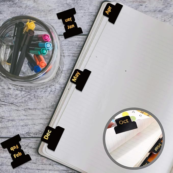 48PCS Adhesive Monthly Tabs for Planner, Black Monthly Index Stickers, Decorative Calendar Label Stickers for Office School Planner Journal Scrapbook Notebook School Accessories