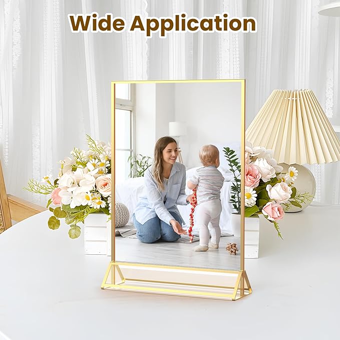Acrylic Sign Holder 8.5X11 Gold Frames Double-Sided Gold Picture Frames for Menu Holder Wedding Table Numbers Display Stand with Removable Sticky Dots -6 Pack