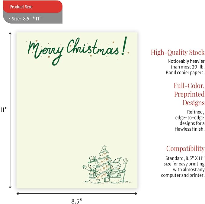 easykart labels Christmas Stationery Paper Letterhead Sheets 60 Pack Holiday Xmas Theme Design For Writing Letters Computer Office Notes & Printing Supplies Size 8.5" X 11"