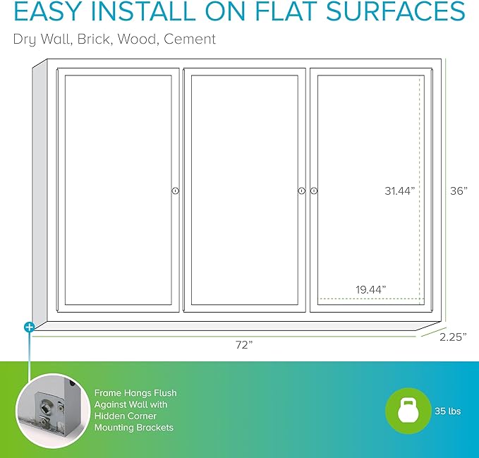 Ghent 36"x72" 3-Door Outdoor Enclosed Vinyl Bulletin Board, Shatter Resistant, with Lock, Satin Aluminum Frame - Ebony (PA33672VX-183), Made in the USA