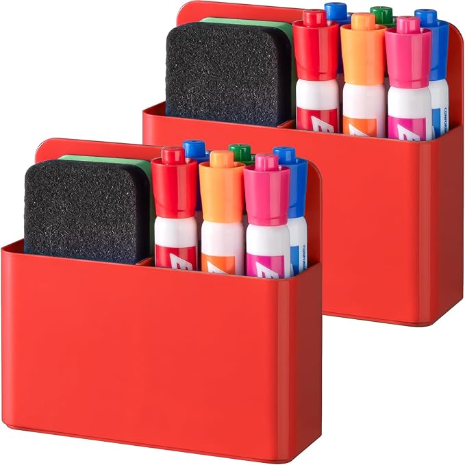 BEYGORM 2 Pack Plastic Magnetic Pen Holder for Refrigerator, Dry Erase Marker Holder for Whiteboard，Magnet School Locker Organizer Accessories, Pencil Cup, Pen Caddy, Classroom Organization(Red)