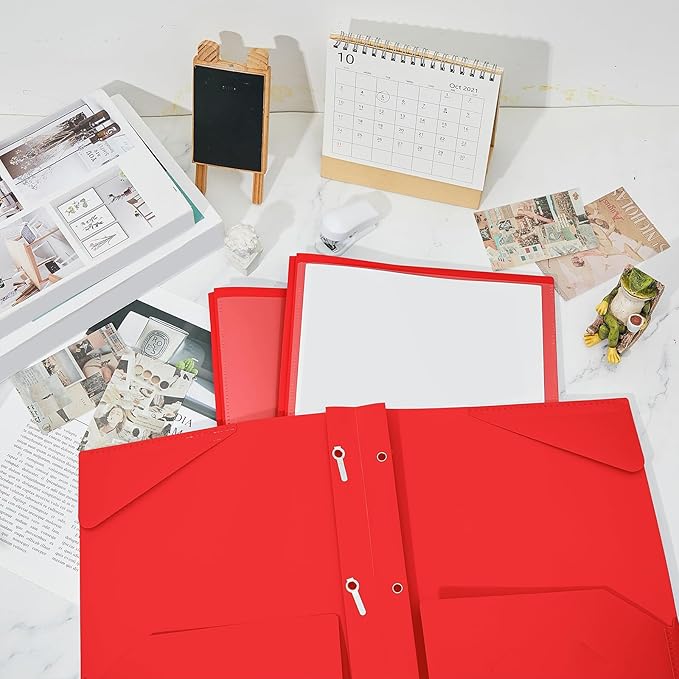 Henoyso 48 Pcs Plastic Folder with Clear Front Pocket and 3 Prongs Heavy Duty Plastic Folders with Card Slot Pocket Folders with Prongs for School Office Home(Red)