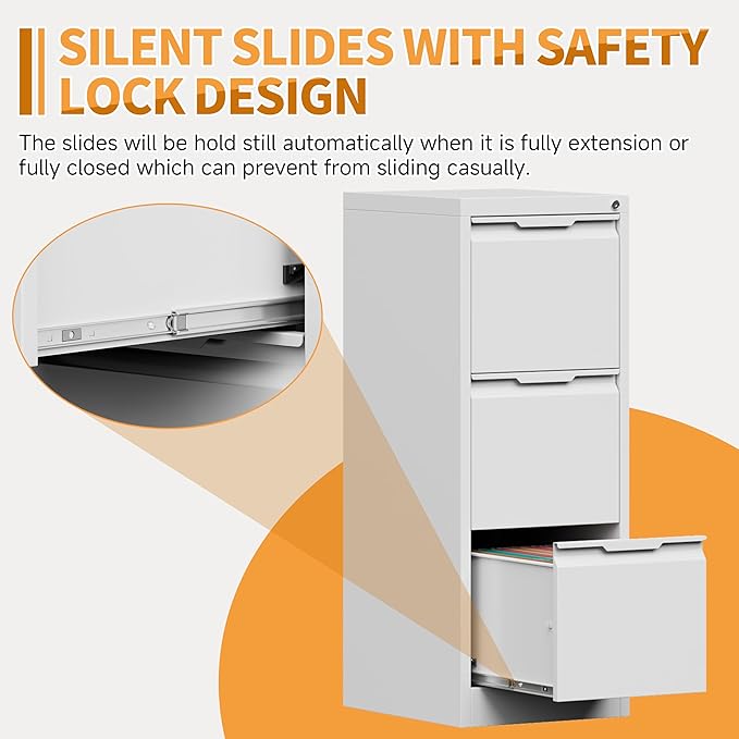 3-Drawer Metal File Cabinet with Lock,Steel Printer Stand with Storage for Home Office,Vertical Filing Cabinet for Legal/Letter/A4 Files,Assembly Required(15''W-3 Drawers,White)