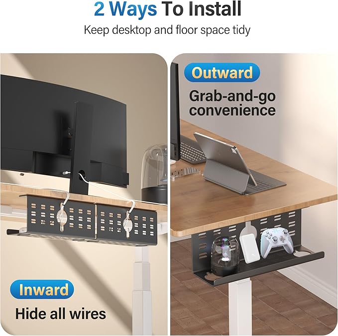 2 Pack Cable Management Under Desk Black, Cinati 32" Large Cable Management Tray, Under Desk Alloy Steel Wire Organizers, Cord Hider Tray for Office and Home - Tape or Screw Installation