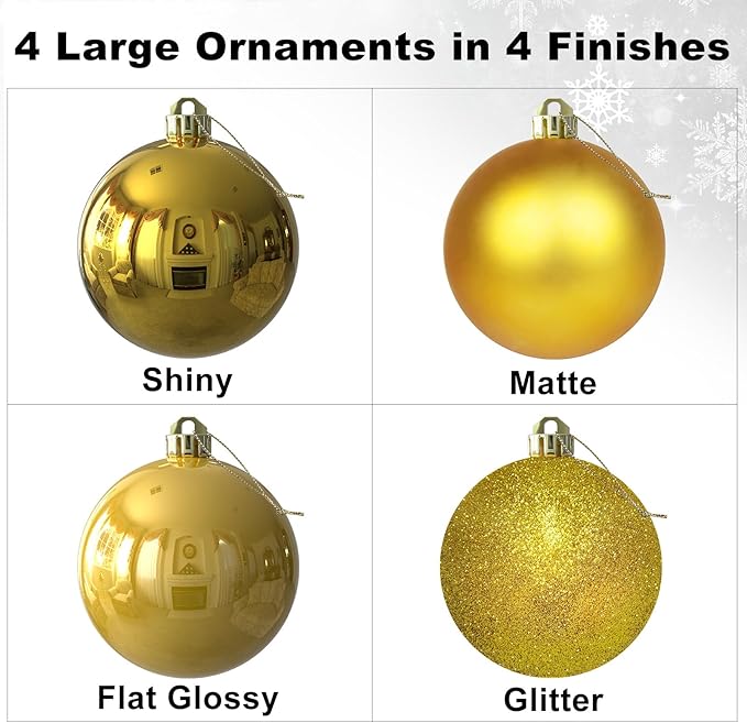 Gold 4.0" Large Christmas Balls - Christmas Tree Decoration Ornaments Shatterproof Hanging Balls for Birthday Halloween Holiday Wedding Decorations Set of 4pcs