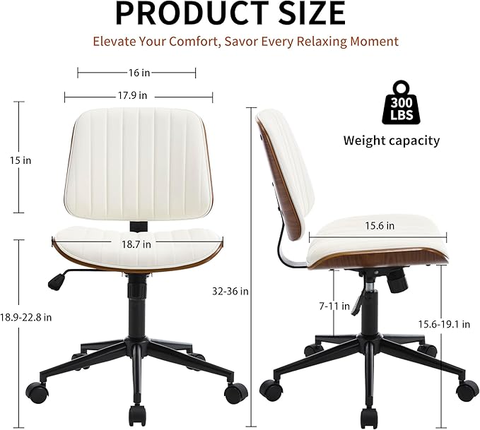 Small Home Office Chair - Armless Mid Back Desk Chair with 360° Swivel and Wheels, PU Upholstered Height Adjustable Modern Walnut Computer Chair for Home, Office Meeting Room - White
