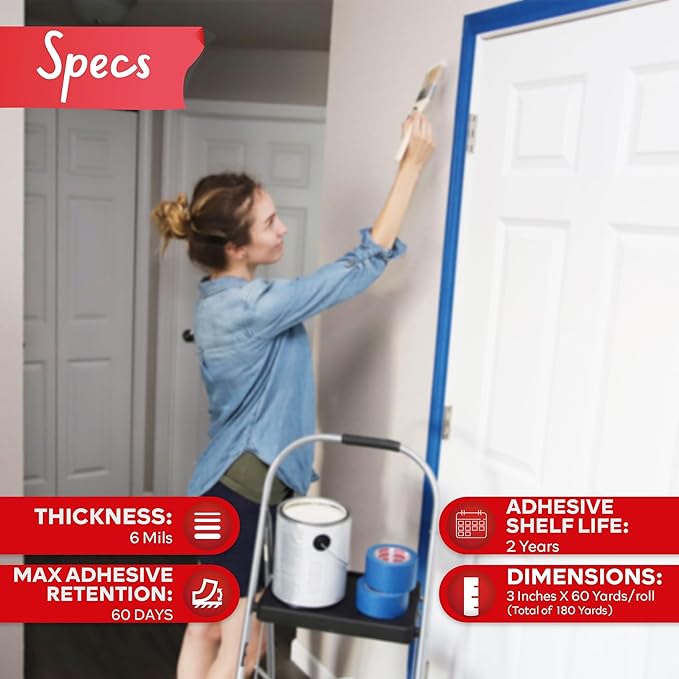 XFasten Blue Painters Tape 540 Feet 3 Inch X 60 Yards (3-Pack) Wide Painters Tape Blue Masking Tape Paint Tape for Walls, Painters Tape Car Strong Adhesion, No Mess Blue Tape Masking Tape for Painting