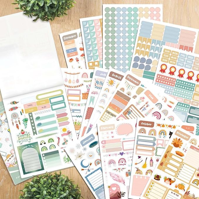 1700+ Planner Stickers Book, 24 Sheets Waterproof Repositionable Stickers for Journal, Bullet Planner, Scrapbook & Calendar, Functional Decorative Sticker Set & Gift (Boho Style)