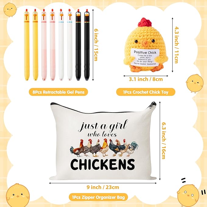 Funny Chicken Gift Accessories - 10Pcs Cute Knitted Chick Stress Relief Stationery Set Lovely Retractable Gel Pens Zipper Organizer Pen Pouch for Kids Birthday Party Gift Student Reward Supply