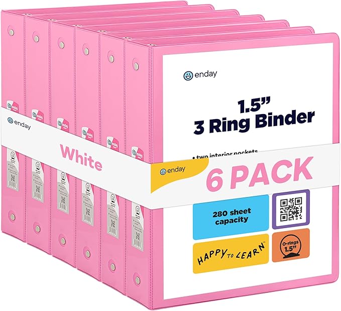 3 Ring Binder Pink, 1.5 Inch Clear View Cover with 2 Inside Pockets Binder, Colored School Supplies 1 ½ Inch Round Ring Binders, Also Available in Red, Blue, Purple, Green, and Grey (6 PC) – by Enday
