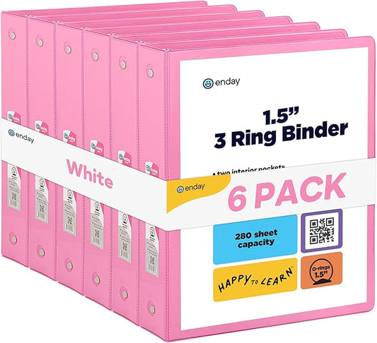 3 Ring Binder Pink, 1.5 Inch Clear View Cover with 2 Inside Pockets Binder, Colored School Supplies 1 ½ Inch Round Ring Binders, Also Available in Red, Blue, Purple, Green, and Grey (6 PC) – by Enday