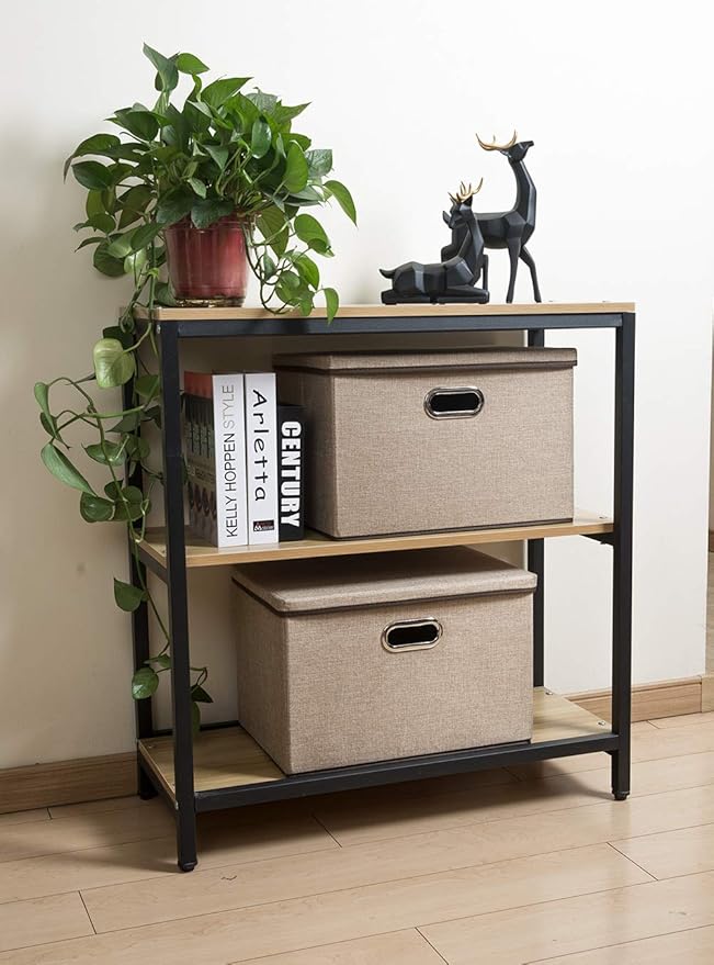 PRANDOM Large Collapsible Storage Bins with Lids [3-Pack] Jute Fabric Foldable Storage Boxes Organizer Containers Baskets Cube with Cover for Home Bedroom Closet Office Nursery (17.7x11.8x11.8)