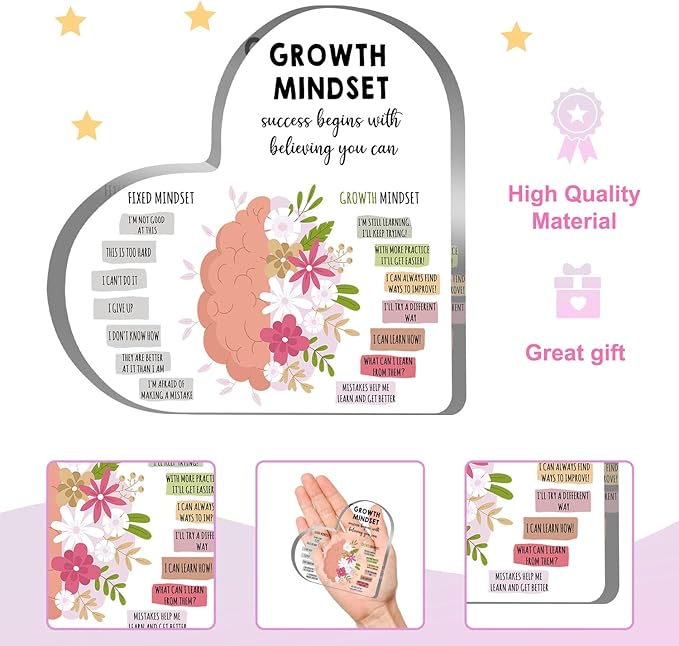 Growth Mindset Decor, Therapy Office Mental Health Classroom Art Educational Acrylic Heart Inspirational Gift Change Your Mindset Decorations Positive Sayings Inspirational Gifts for Teacher Students