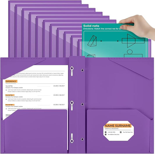 Henoyso 18 Pcs Plastic Folder with Clear Front Pocket and 3 Prong Plastic Folders with Card Slot Pocket Folders with Prongs for School Office (Purple)