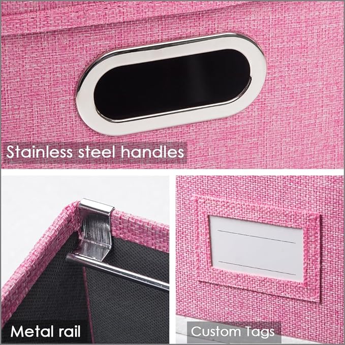 PRANDOM File Organizer Box - Set of 1 Collapsible Decorative Linen Filing Storage Hanging File Folders with Lids Office Cabinet Letter/Legal Pink (17x14x11.2 inch)