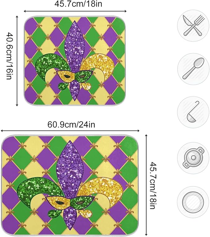 Mardi Gras Fleur De Lis Dish Drying Mat 18 X 24 Inch Rhombus Carnival Mask Absorbent Microfiber Dry Dishes Pads Tableware Mats Protector for Kitchen Countertops Counter Home Decorations