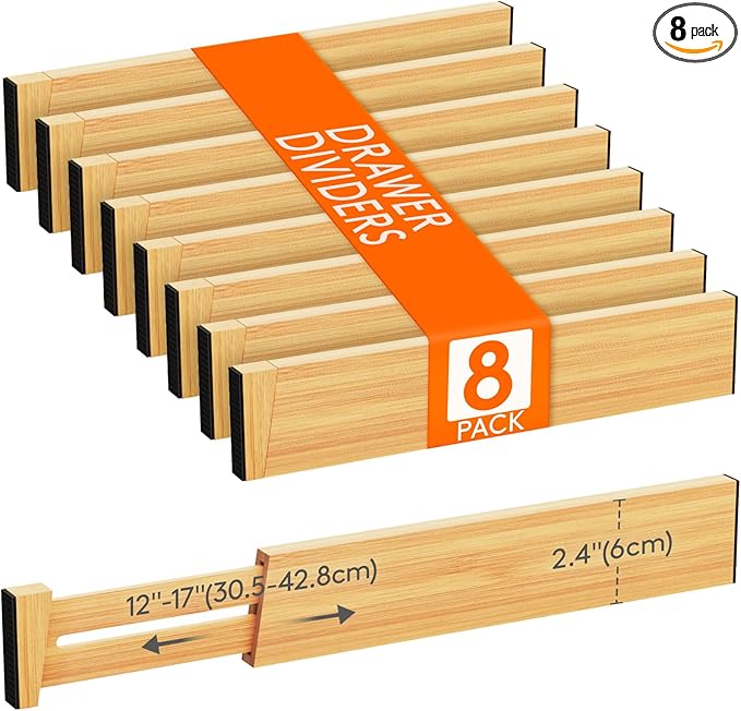 Lifewit 8 Pack Drawer Dividers Bamboo 2.4" High, 12-17" Adjustable Drawer Organizers for Clothes, Wooden Dresser Separators in Bedroom/Bathroom/Kitchen/Fridge/Office Organization and Storage