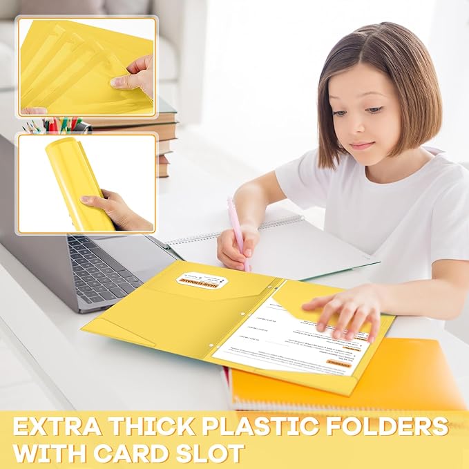 Henoyso 36 Pcs 2 Pocket Plastic Folders with Clear Front Pocket 3 Hole Punched File Folder Letter Size Take Home Documents Holder for Paper Holder Office Business Back to School Supply (Yellow)