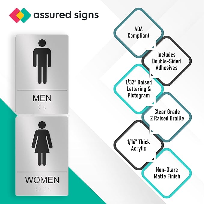 Unisex Bathroom Signs, Restroom Sign For Business - For Men and Women - 10 Pack - 9" by 6" - ADA Compliant with Braille - Strong Double-Sided Adhesives Included - Apply to Office, Home, Public Door/Wall