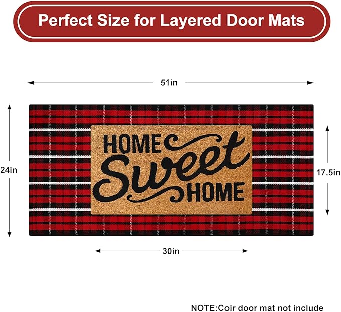 KIMODE Christmas Door Mat Outdoor 24"X51",Red/Black Buffalo Plaid Rug,Washable Cotton Hand-Woven Layered Door Mats,Reversible Outdoor Christmas Decor for Front Porch,Entryway,Kitchen