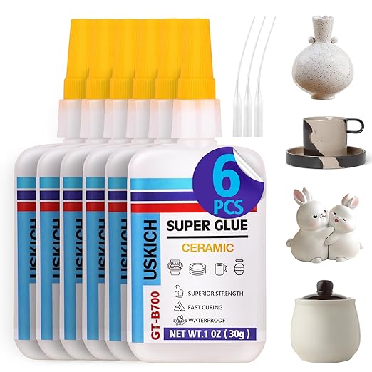Super Glue for Porcelain and Pottery Repair with Anti Clog Cap. 6 x 1 fl oz,CA Glue - Clear Ceramic Repair Adhesivefor Dishes, Tiles, DIY Crafts, Quick Dry