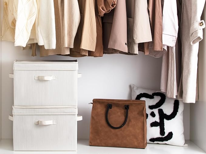 StorageWorks Closet Storage Bin with Lids, Decorative Storage Boxes with Handles, Fabric Storage Bins for Clothes, Jumbo, Mixing of Beige, White & Ivory, 2-Pack