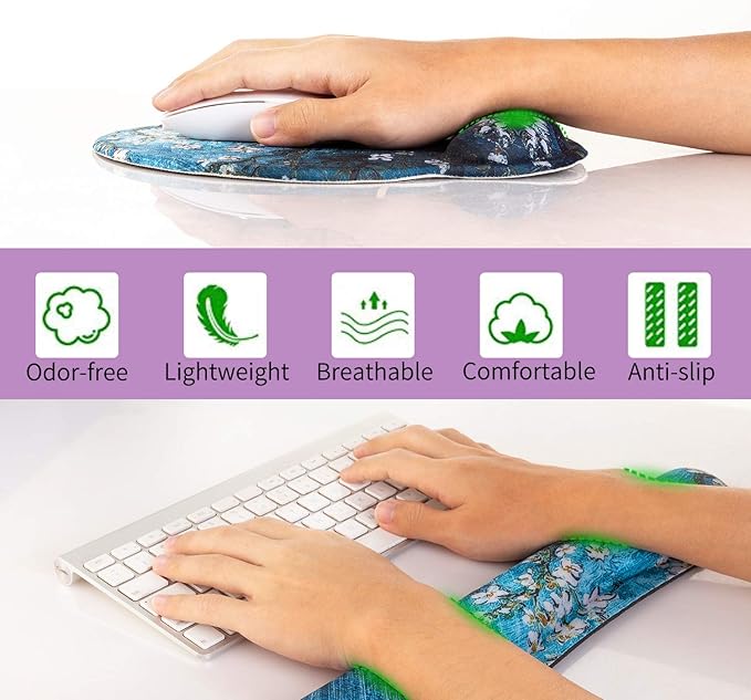 Ergonomic Keyboard Mouse Pad Wrist Rest Support Set for Laptop/Computer/Desktop,Memory Foam Hand Rest Wrist Cushion for Gaming/Office,Lightweight Comfortable & Pain Relief (Apricot Flower)