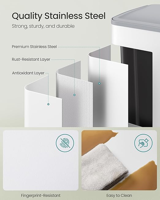 SONGMICS Trash Can, 2 x 8 Gallon (2 x 30 L) Dual-Compartment Garbage Can with Soft-Close Lid, Pedal and Inner Buckets, Stainless Steel, Includes 15 Liner Bags, Matte White ULTB741W01