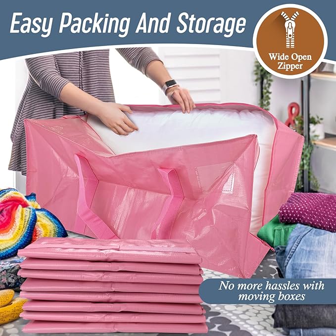 12 Pack Extra Heavy Duty Large Moving Bags with Strong Zipper & Comfortable Handles, Sturdy & Durable Clothes Storage Bags Totes Bins, Packing Moving Boxes for College Supplies, Pink