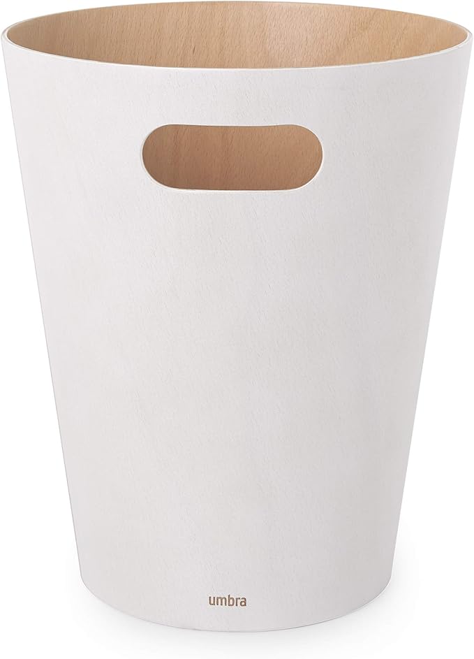 Umbra Woodrow, 2 Gallon Modern Wooden Trash Can Wastebasket or Recycling Bin for Home or Office, White
