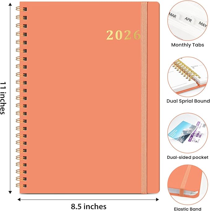 2026 Planner 8.5" x 11", Weekly and Monthly Calendar Planner Book, January 2026 - December 2026, Hardcover Spiral Planner with Monthly Tabs, Notes Pages, Perfect for Women & Men, A4 - Coral