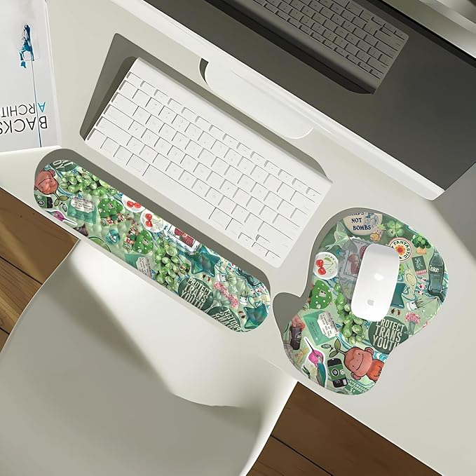 Mint Green Keyboard Wrist Rest Support Mouse Pad&Keyboard Set, Cute Green Ergonomic Mousepad Non-Slip Base Desk/Office Pain Relief&Easy Typing Pad with Neoprene Cloth&Raised Curved Memory Foam