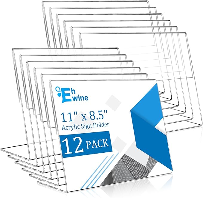 EHWINE 12 Pack 8.5 x 11 Acrylic Sign Holder Horizontal, Clear Plastic Signs Display Stand, Slanted Back Paper Holder Stand up Table Top Sign Holders Flyer Stand Frames for Office Business Store
