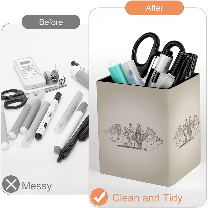 Square Pen Holder & Pencil Organizer for Desk - Office Storage Organizer , Markers/Makeup Brushes/Scissors Holder, Compact Desk Decor Accessories for Home Classroom School(Western Desert Cowboy)