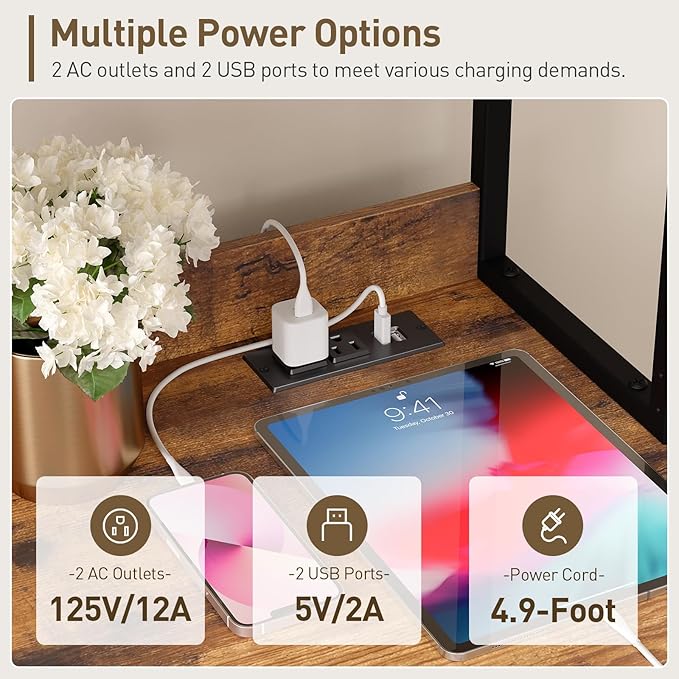 File Cabinet with Charging Station, Vertical Filing Cabinet with Shelves, File Cabinet for Home Office, Printer Stand with Storage Shelves & Barn Doors, Fits A4/Letter Files, Rustic