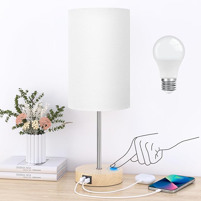 AKASUKI 18Inch Table Lamp with Dual Charging Station, 3 Way Dimmable Touch Lamp for Bedroom, Living Room, Office(LED Bulb Included)