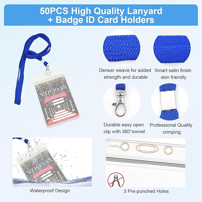 Fushing 50pcs Clear Plastic Vertical Name Tags Badge ID Card Holders and Blue Neck Lanyards with Swivel Hook for School, Festival, Event (XXL)