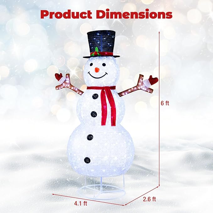 Tangkula 6 FT Pre-Lit Christmas Snowman w/Built-in Lights, Xmas Snowman w/Black Hat, Branch Hands & Snowflake Patterns, Zip Ties & Ground Stakes, Decorative Christmas Snowman for Yard, Garden